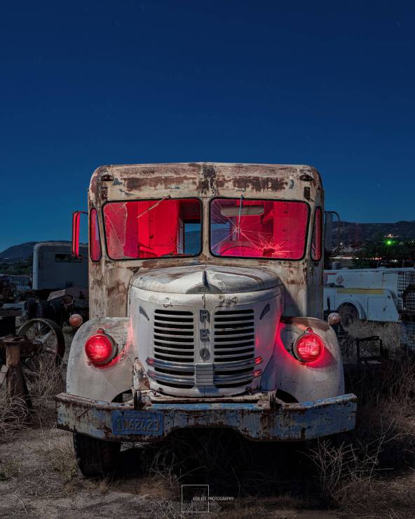 Reo Speedwagon. I used a handheld Lume Cube RGB Panel Pro 2.0 to light paint the exterior of the REO Motor Works truck from a similar angle as the moon. I used the ProtoMachines LED2 to light the interior and the headlights red.